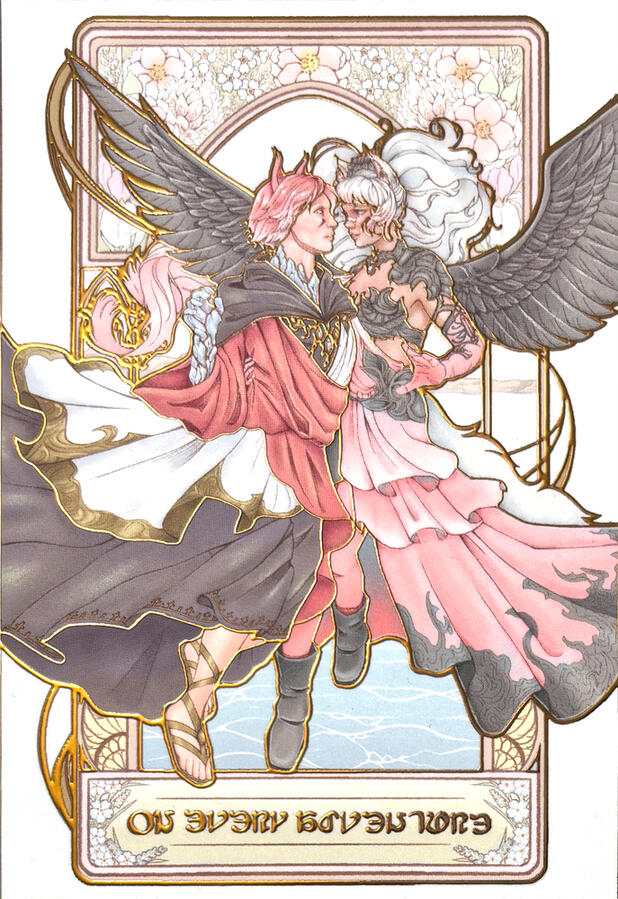 FFXIV G'raha Tia and my Warrior of Light couple art print with gold foiling. My Warrior of Light is looking at G'raha while holding his waist with one hand, while G'raha is looking up at her with a surprised look. The artwork behind them are flowers and al