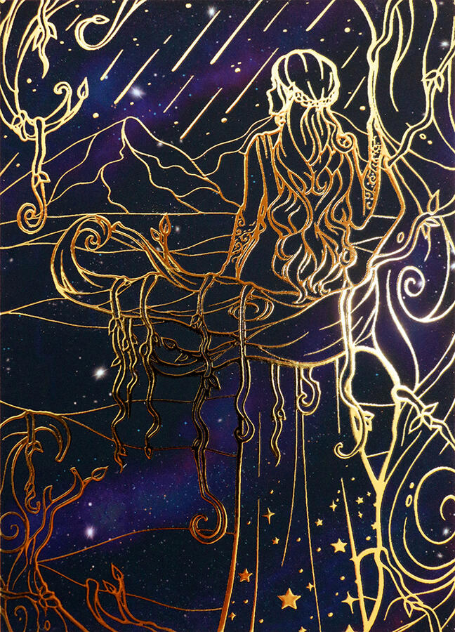 Gold foil print of Feyre Archeron from ACOTAR sitting on a tree branch and watching stars fall from the sky in the distant mountains.