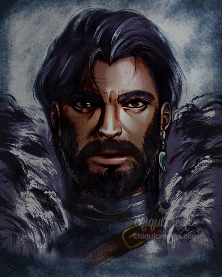 Bearded South Asian man wearing dark armour and a big fur coat. He has an earring on his left ear.