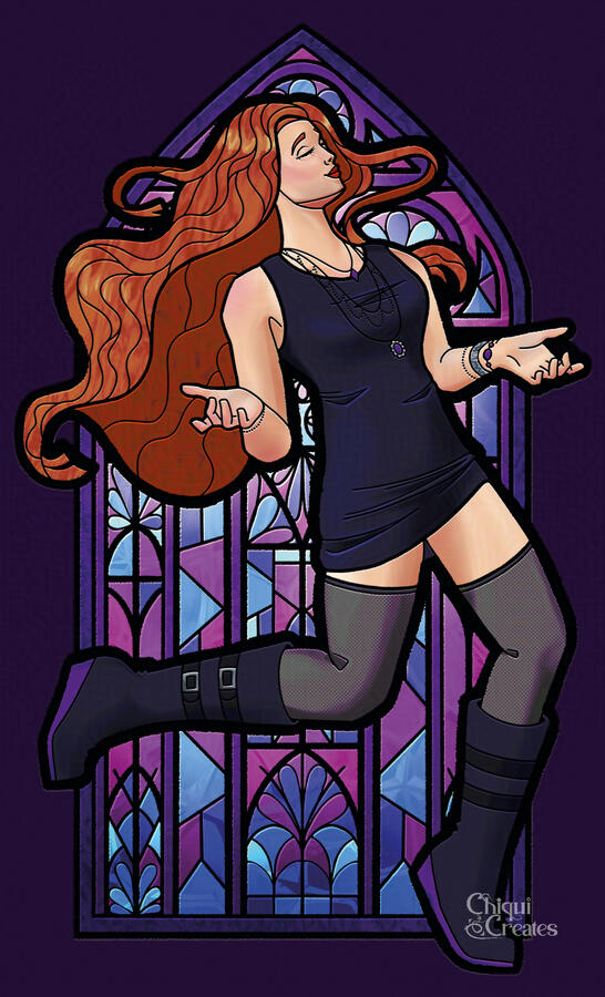 Red-haired woman in mid-dance behind a purple and blue colored stained glass window. The artwork is done in a stained glass style.