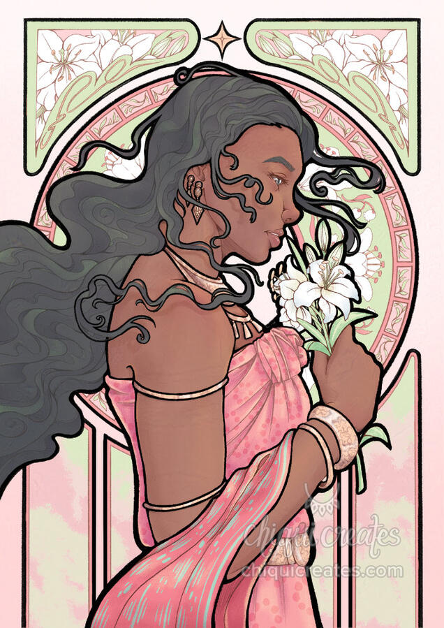 Filipino woman in art nouveau style. She is wearing gold jewelry and pink clothes inspired by pre-colonial Filipino clothing, and is glancing down at the lilies in her hand. The background patterns are composed of lilies and leaves.