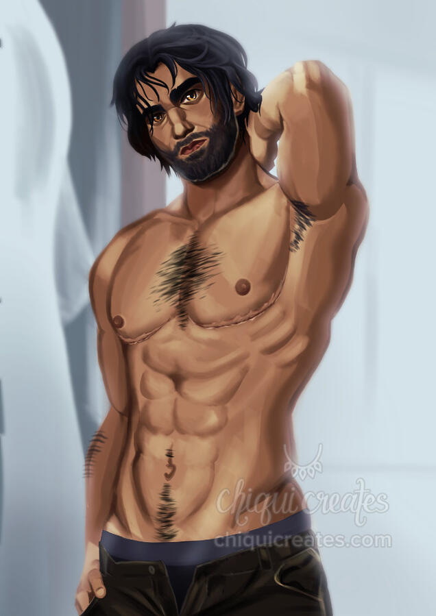 Painting of Jayce Talis from Arcane with trans surgery scars.