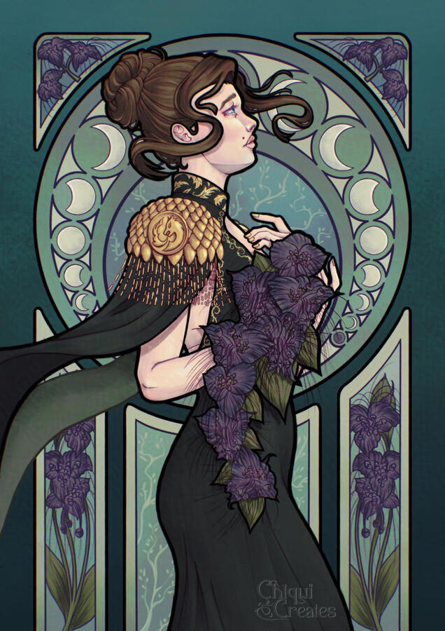 Woman with bun hair and black dress with gold armor and decorative elements holding a bouquet of bat flowers and staring upwards. Art nouveau style background.