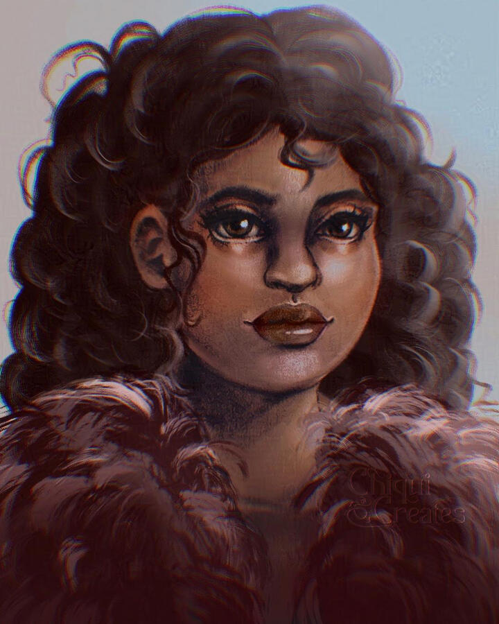 Portrait of a black, plus-sized woman with thick, curly hair, long lashes, and dark red fluffy coat.
