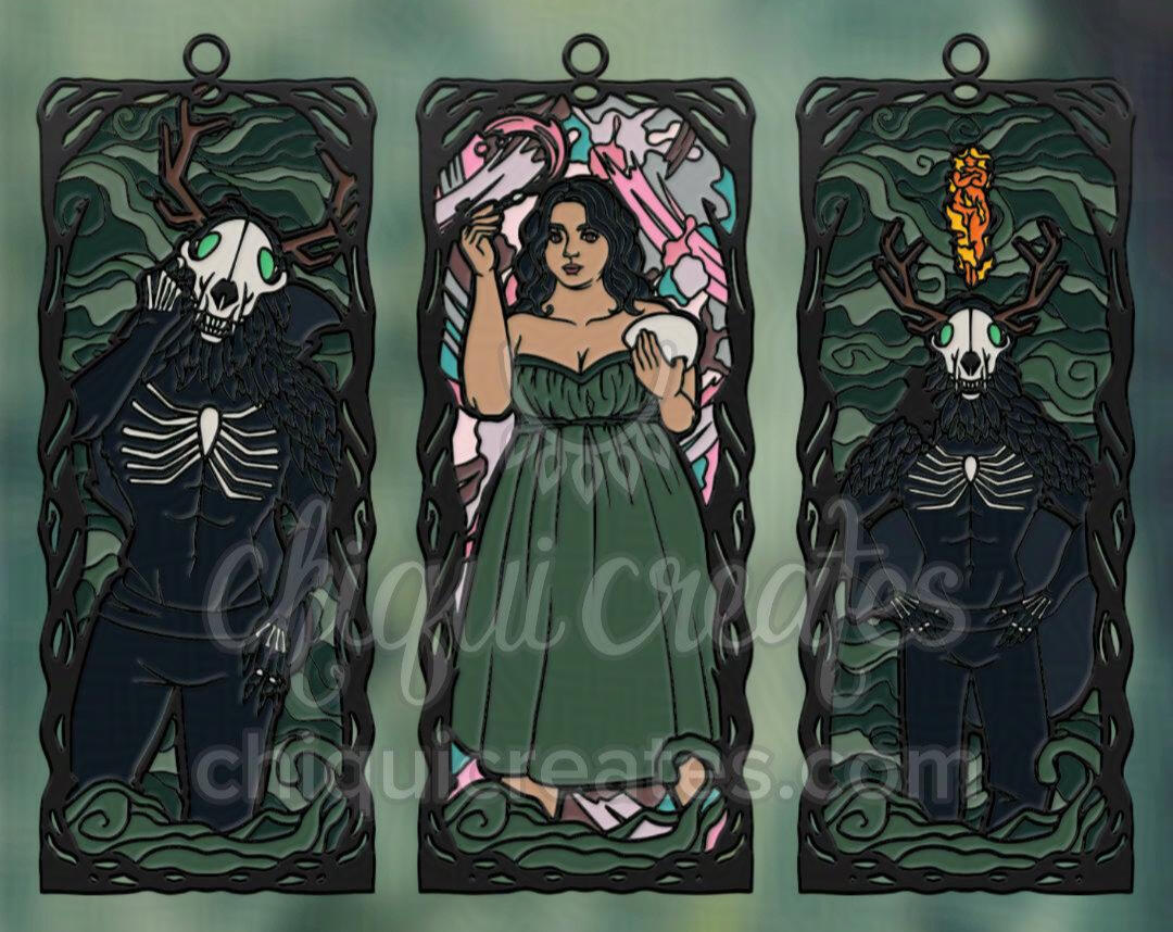Mockups for Duskwalker Brides Metal bookmarks. Bookmark 1: Magnar. Bookmark 2: Delora. Bookmark 3: Magnar, Delora in flame form, and their child.