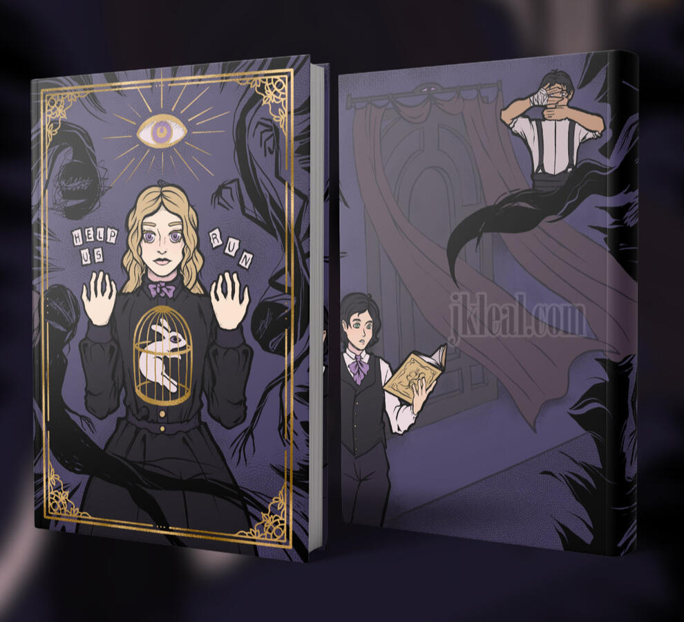 Special edition dust jacket mockup. The front features a trans man in a Victorian uniform holding up scraps of paper that spell out "Help Us" and "Run". Surrounding him are ghosts. The back features a man on the upper right with his hand over his eyes and