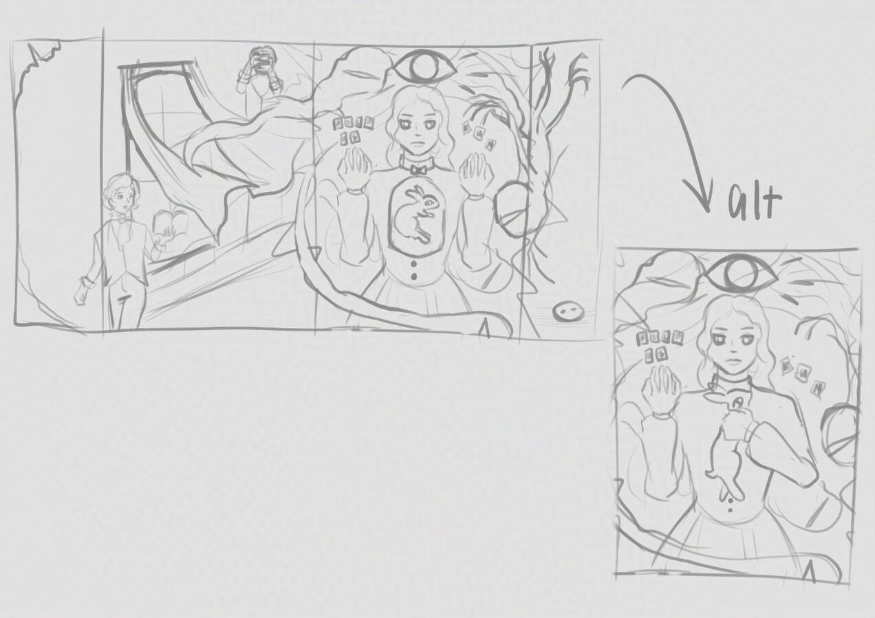 Quick sketch of the full dust jacket with an alt sketch of the cover