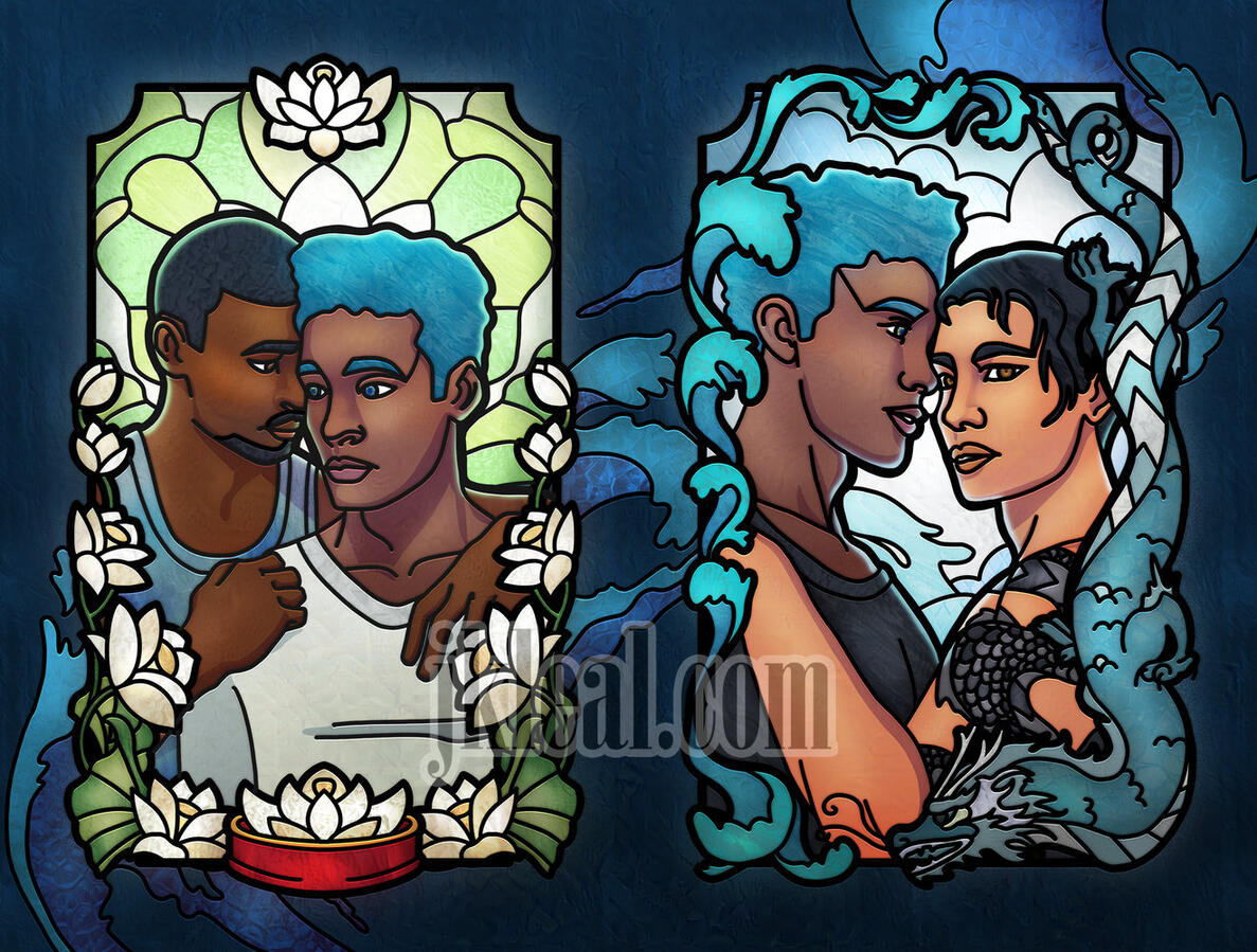 Left: Stained glass design of a blue haired man looking sadly to one side as a black haired man puts his arms around him. Right: Stained glass design of a blue haired man and black haired man in each other's arms. The black haired man has a tattoo of a dra