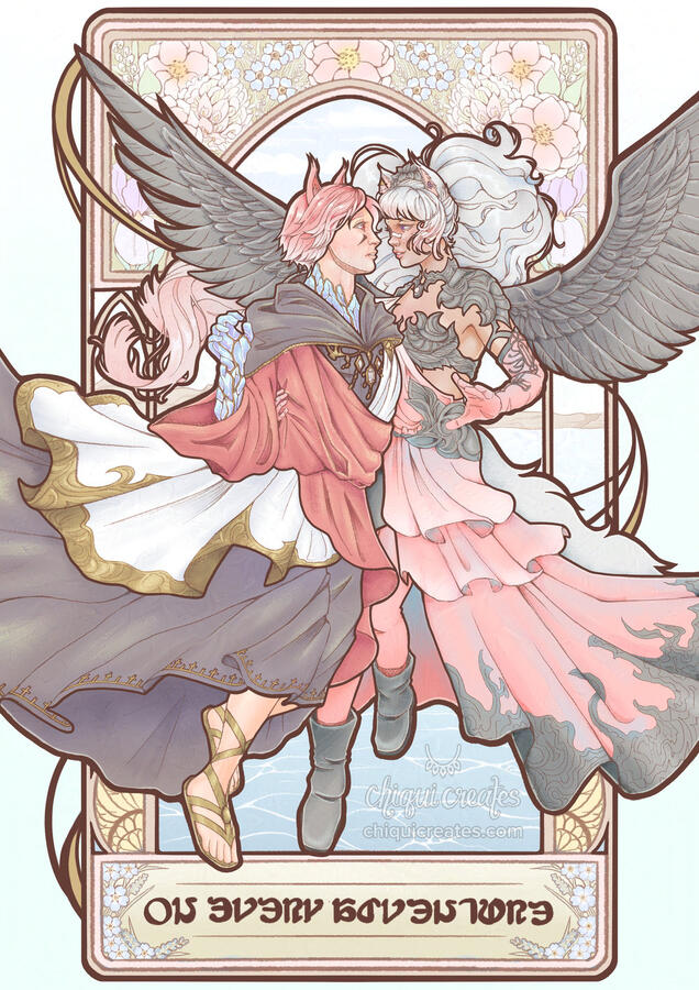 Couple fanart of my Warrior of Light miqote and G'raha Tia from FFXIV, in art noveau style. My Warrior of Light has a pink dress and wings and is holding a surprised G'raha by the waist. The background is flowers and also an ocean.