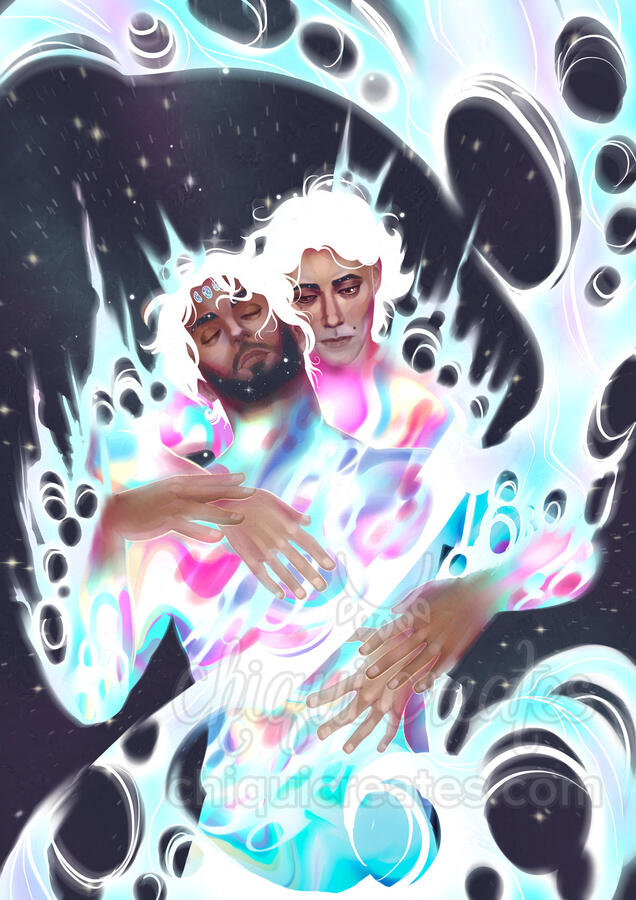 Season 2 Jayvik couple art. Viktor is hugging Jayce from the back and Jayce is leaning back with his eyes closed. Their body is colored in multiple hues and there is a starry background behind them.