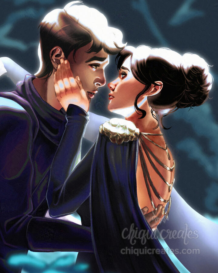 A couple looking into each other's eyes with sorrow and longing. Tasch, the woman, has one hand on Varic, the man's, cheek, and the other is resting on his shoulder. Varic's hands are around Tasch's waist. They are both wearing dark clothing. Tasch's outfi