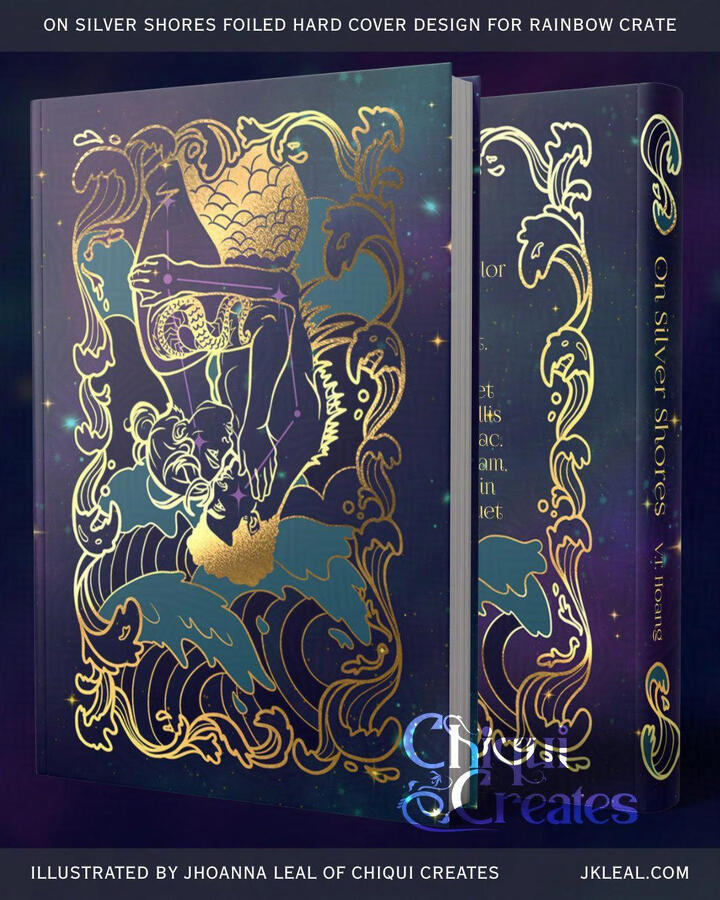 Mockup of On Silver Shores special edition hard cover foil design for Rainbow Crate. On the left is a foiled cover of a merman and another man in an embrace and upside-down, with waves behind them and a wave pattern frame. On the right is the back of the h